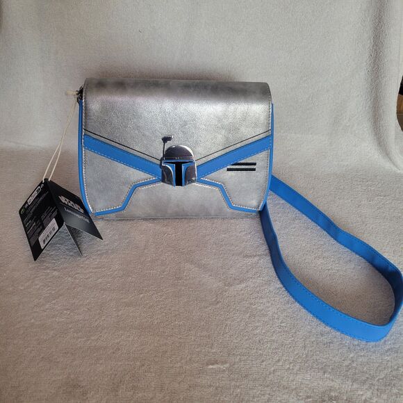 Loungefly Star Wars Cross Body Bag Purse Jango Fett Chain Strap Silver Blue NWT - Picture 1 of 9